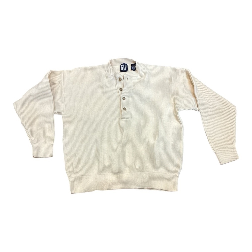 Vintage 90s 100% Cotton GAP Chunky Ribbed Henley Sweater Cream Mens XL